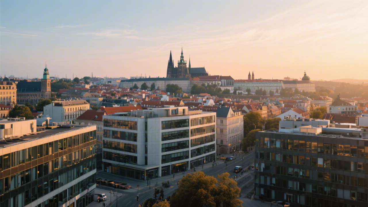 Prague city skyline at sunrise with modern offices and historic buildings, conveying a local Czech business environment and calm atmosphere