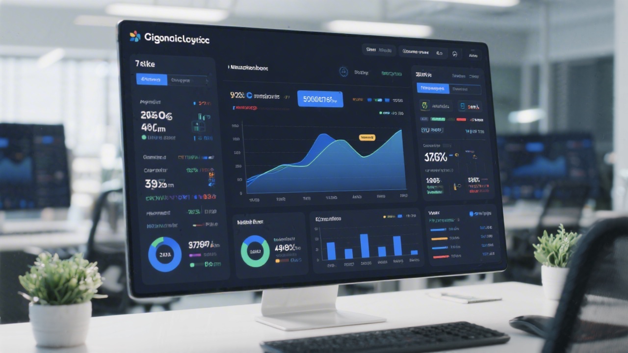 Analytics dashboard on laptop showing engagement trends, demographic insights and campaign performance, with notes in Czech language on the table