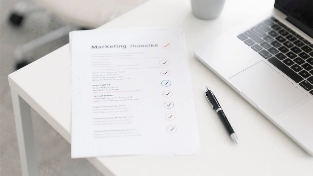 Printed checklist with marketing steps, pen and notebook on a clean desk, illustrating organized planning for social media campaigns