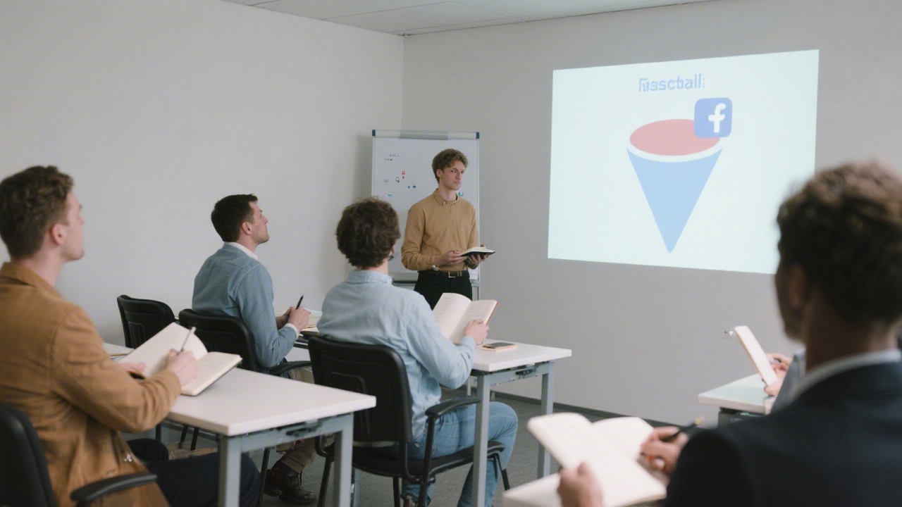 Small classroom workshop with participants taking notes, instructor presenting strategy slide in Czech, bright minimal interior with business focus