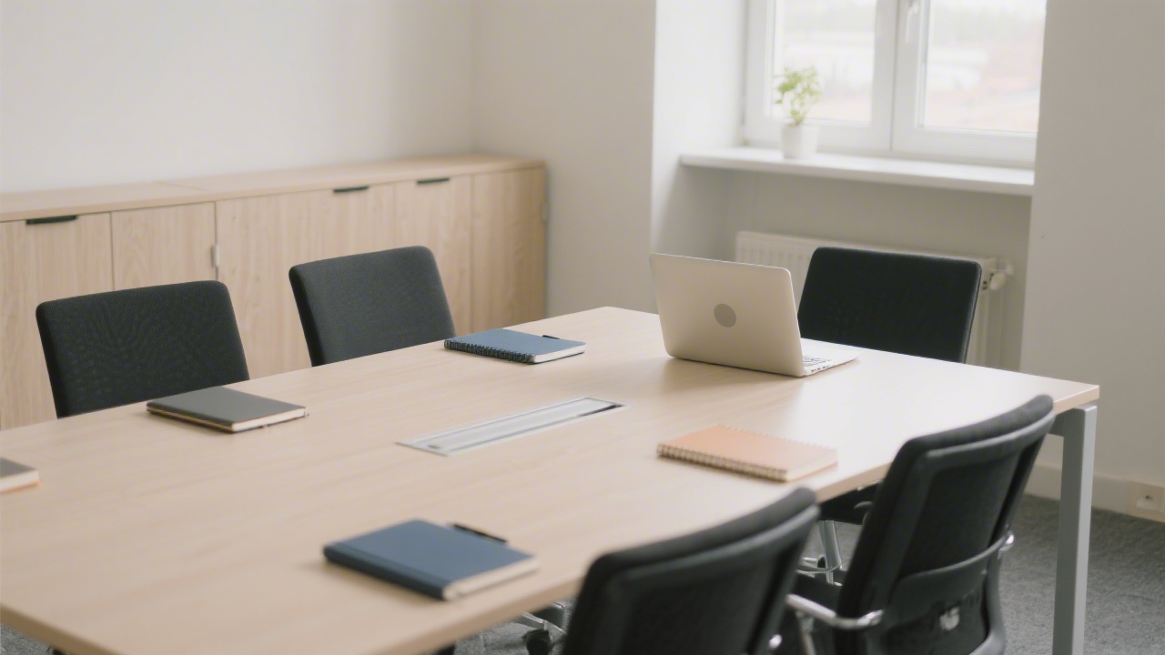 Professional office corner with a meeting table, notebooks and laptop, neutral colors and clean Czech business environment suitable for consultations