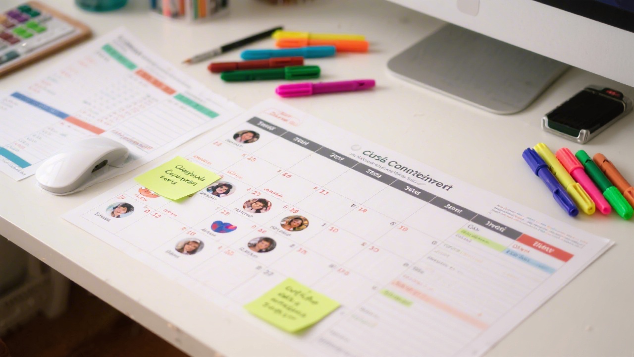 Content planning board with weekly schedule, Czech headlines, colorful sticky notes and a laptop open with social media templates