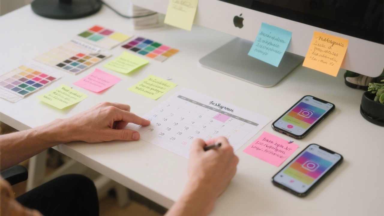 Hands planning Instagram content calendar with Czech language notes, color palette samples and mobile mockups on a desk in a creative office