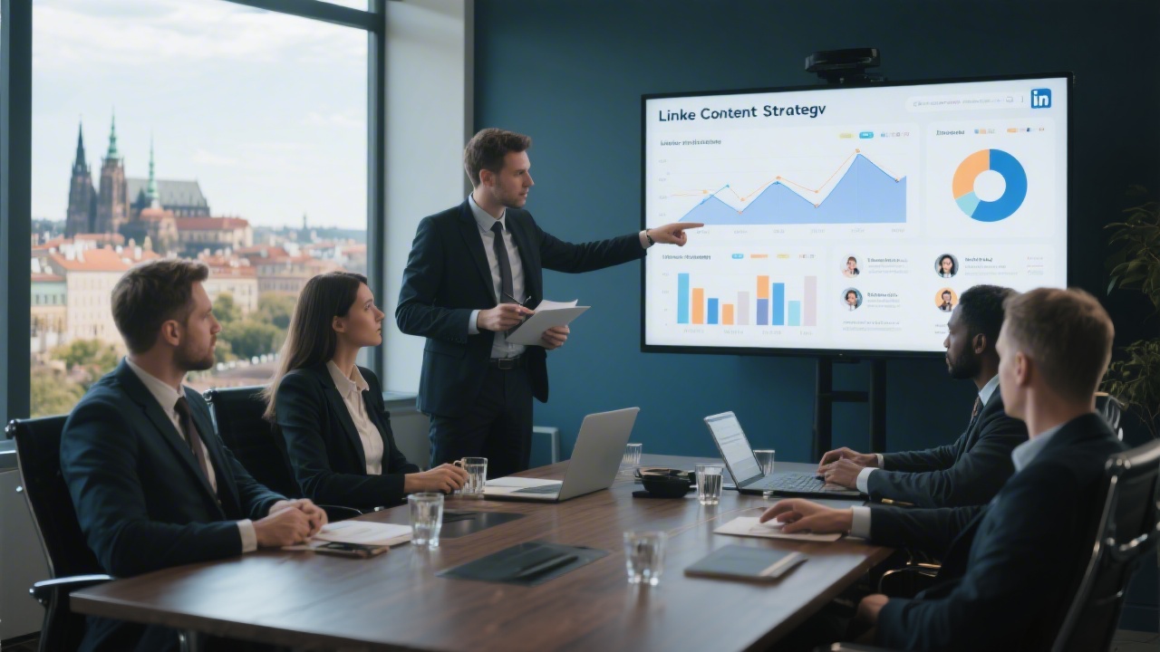 Business professionals analyzing LinkedIn content strategy, charts and profiles on a large screen, meeting room with Prague city view
