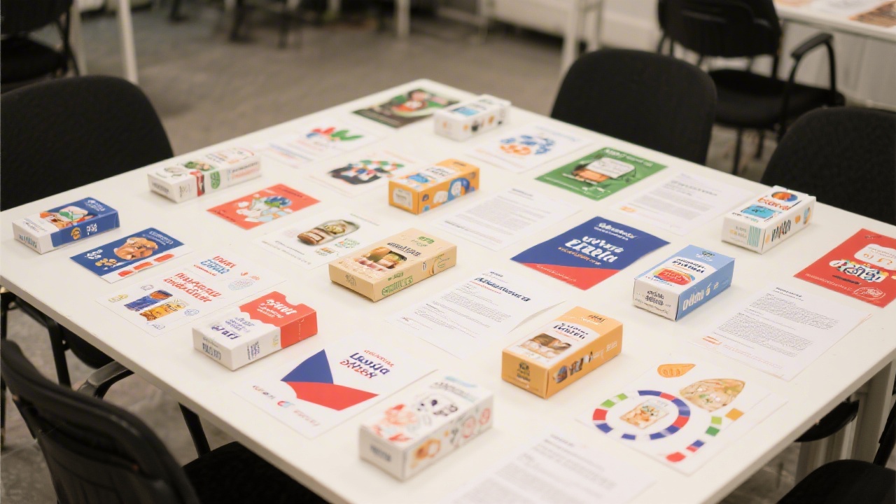 Table with printed mockups of local brand campaigns, Czech product packaging and marketing briefs arranged in an organized layout