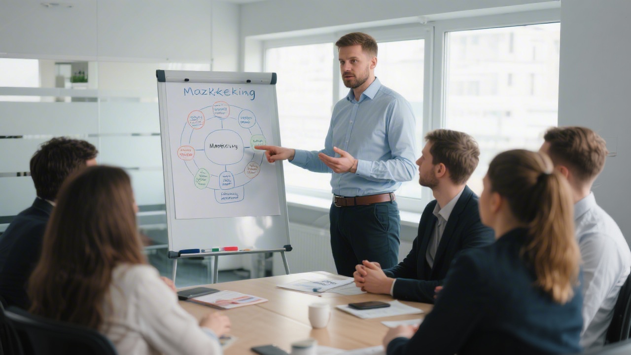 Mentor speaking with a small group in a workshop, flipchart with marketing funnel and Czech keywords, relaxed professional environment