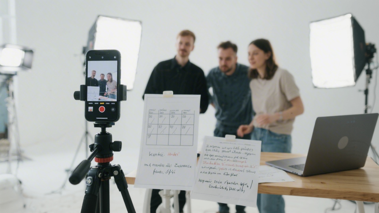 Team recording short vertical video in a bright studio, smartphone on tripod, storyboard sheets and Czech subtitles visible on a nearby laptop